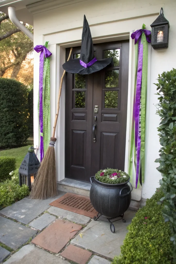 15 a front door decorated with a witch s hat han