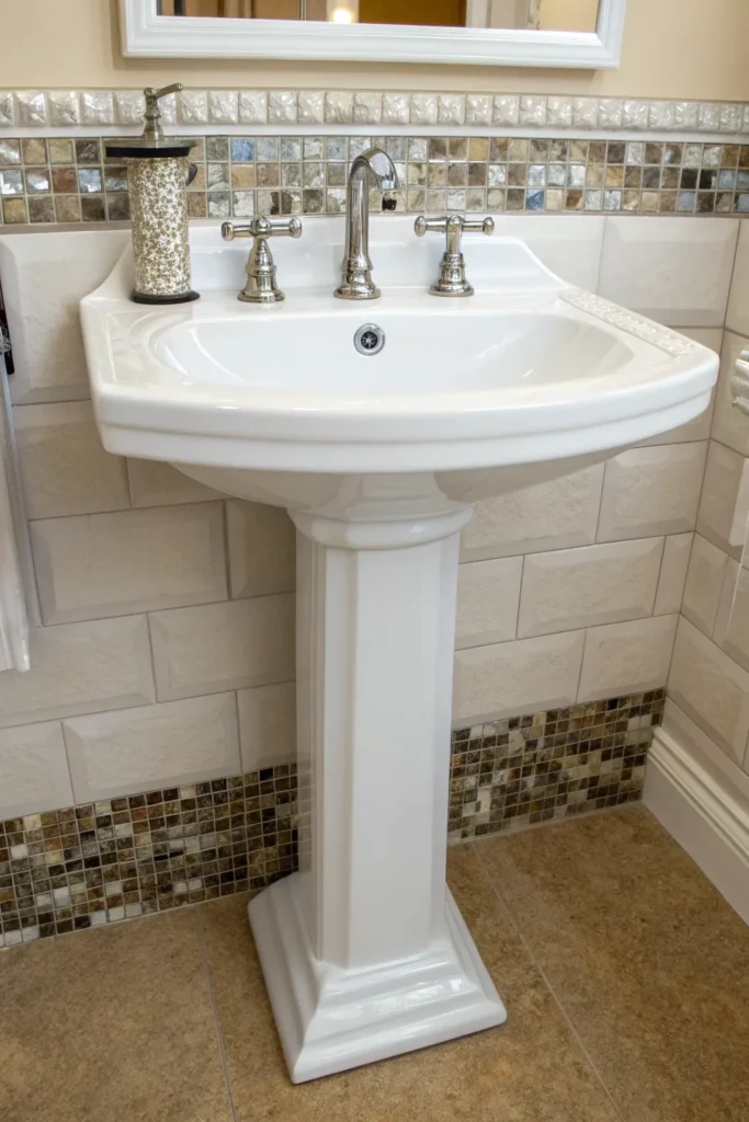15 a white pedestal sink with backsplash paired