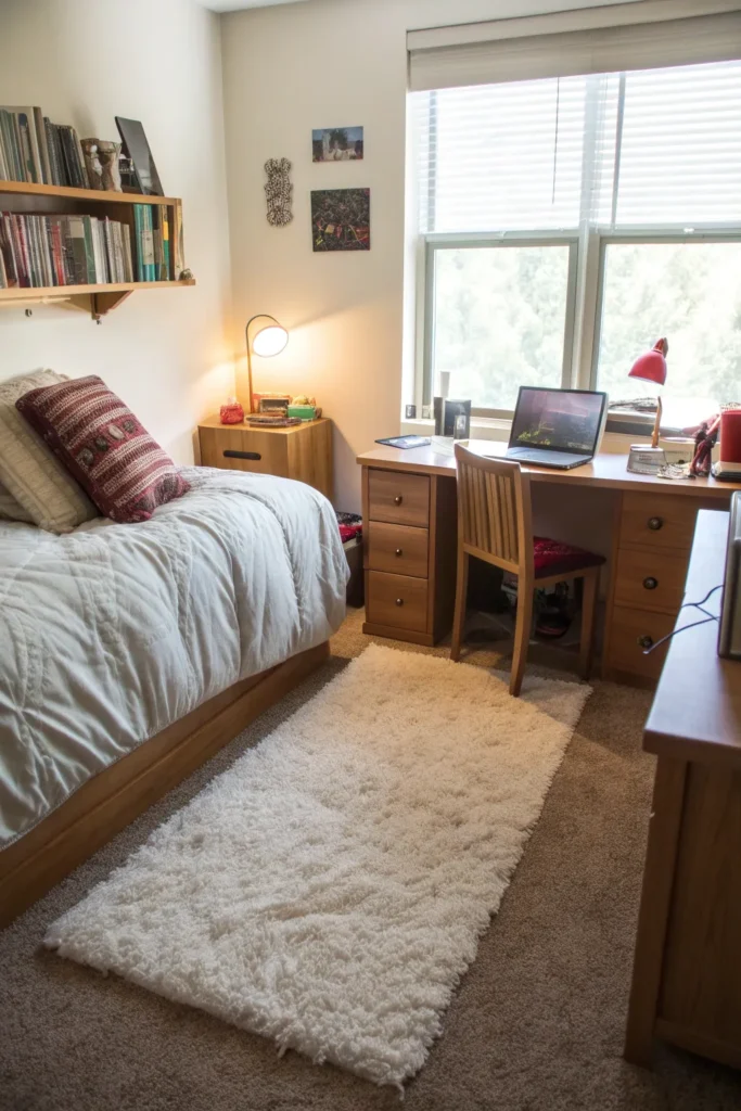 15 soft rug on a dorm floor with cozy bedding an