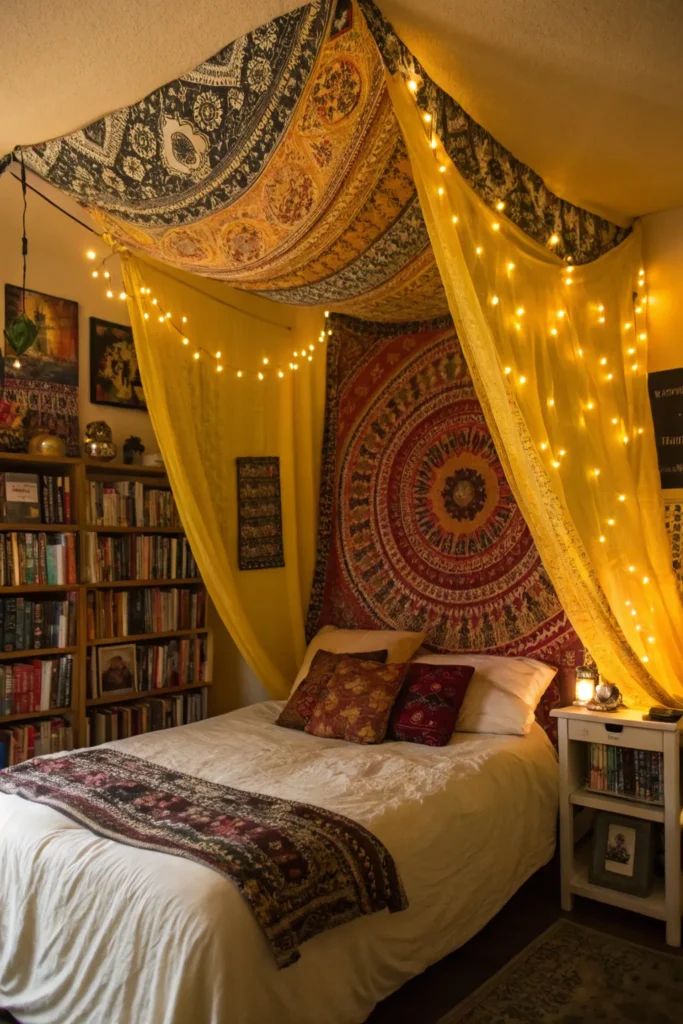 15 student bed decorated with a dramatic yellow