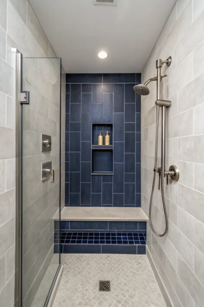 15 walk in shower with navy blue shower niche g