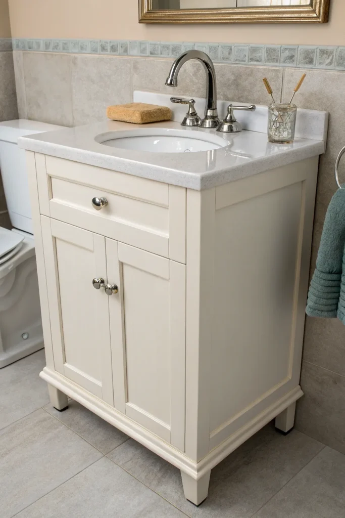 16 a bathroom vanity with a swivel spout faucet