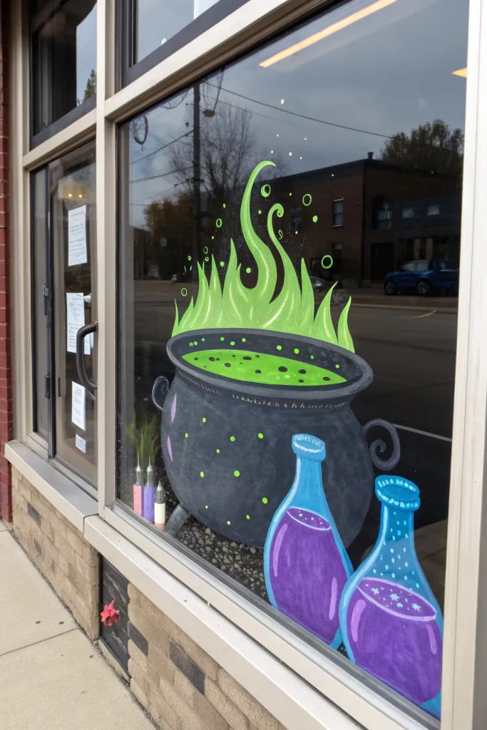 16 a bubbling cauldron window painting with neon