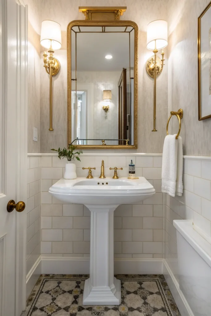 16 a pedestal sink paired with a large statement