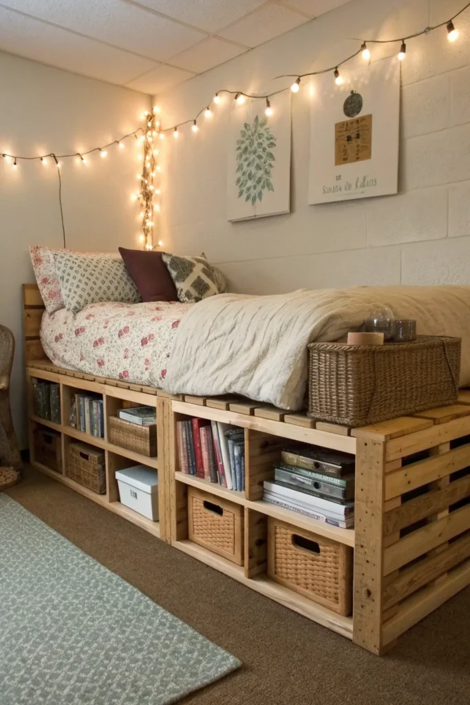 16 a rustic dorm vibe with a diy pallet bed fram