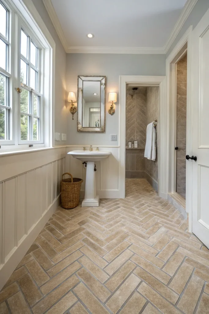 16 elegant bathroom with herringbone floor tiles