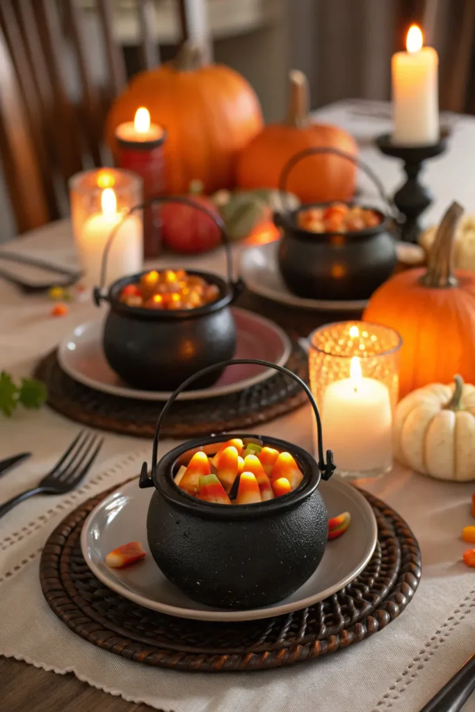 16 mini cauldrons filled with halloween candy at