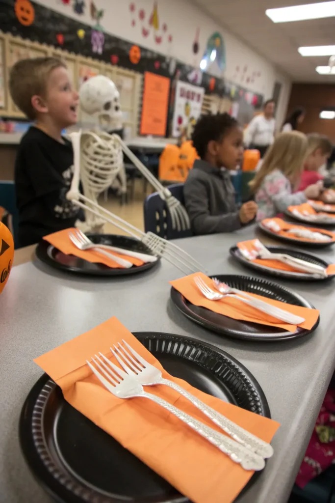 16 plastic skeleton hand utensils placed on a ha