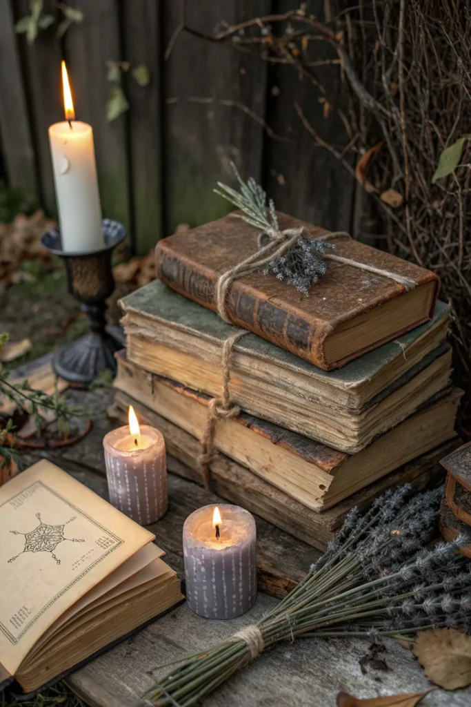 16 tattered spell books stacked with flickering