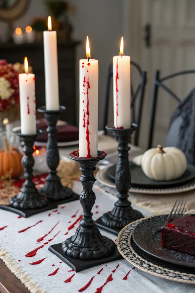 16 white candles dripping with red wax to mimic