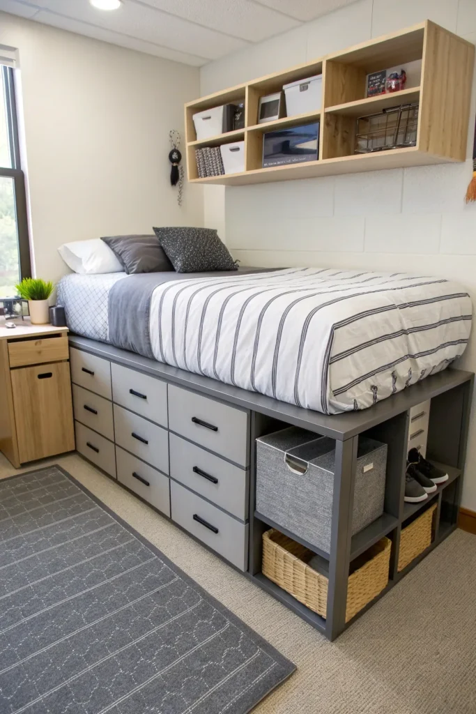 17 a sleek elevated platform bed in a dorm plen