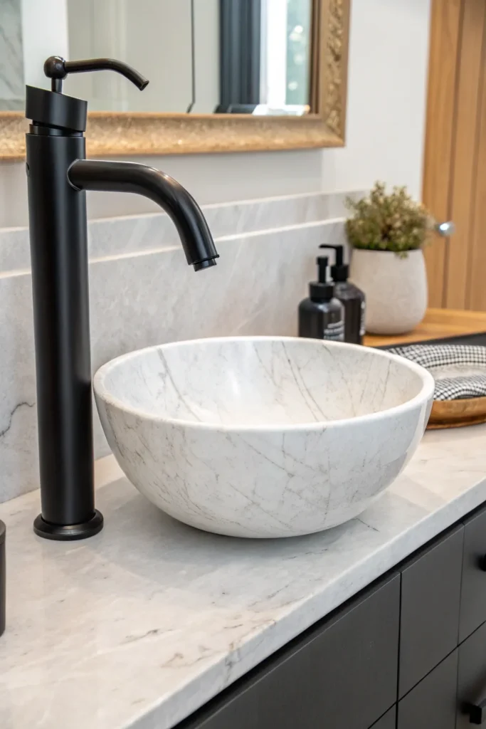 17 a tall vessel sink faucet paired with a round