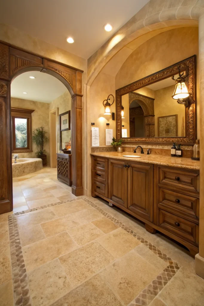 17 classic bathroom with beige travertine floor