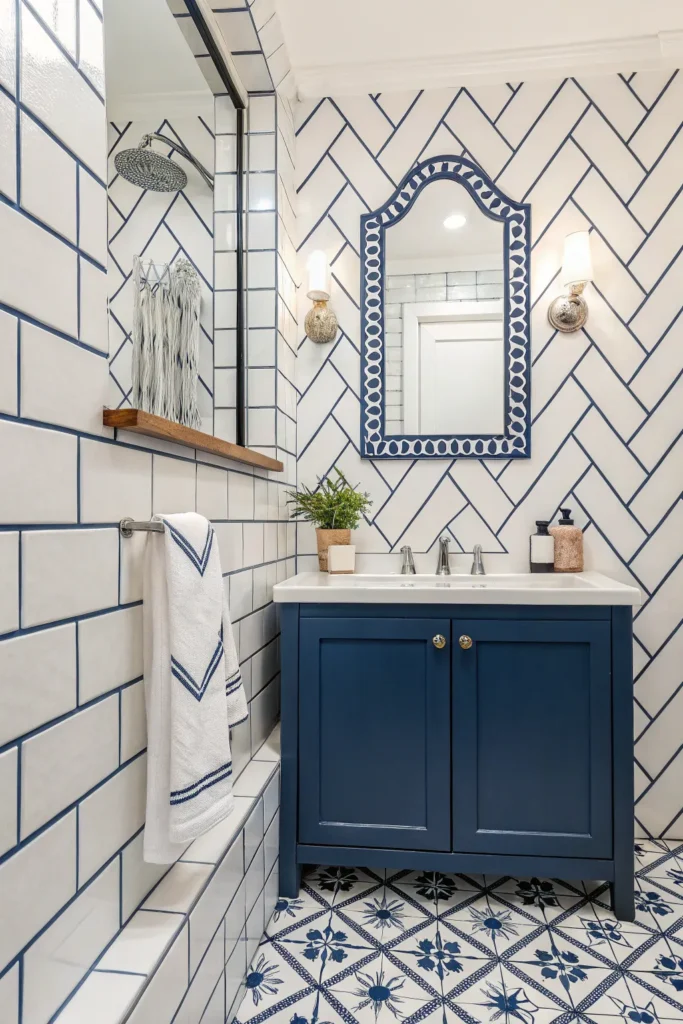 17 creative bathroom with white tiles and bold n