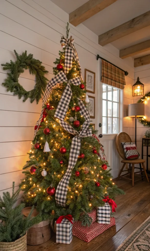 17 gingham themed christmas tree in cozy cottage