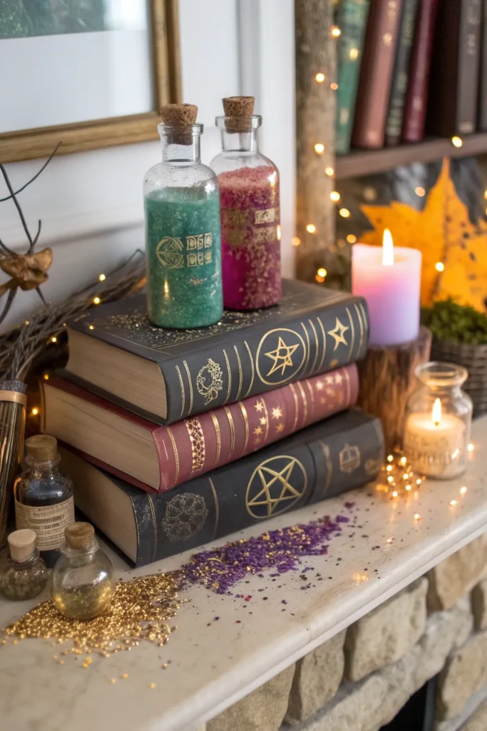 17 mantel stacked with diy spellbooks potion b