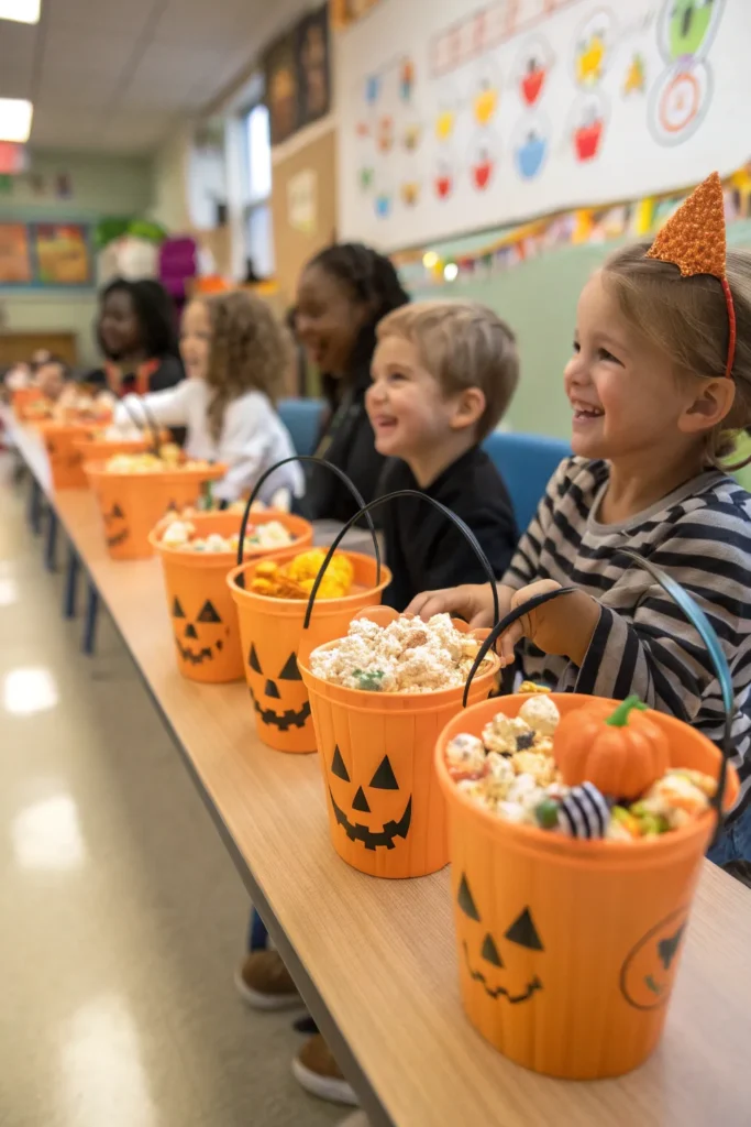 17 mini pumpkin trick or treat buckets lined up