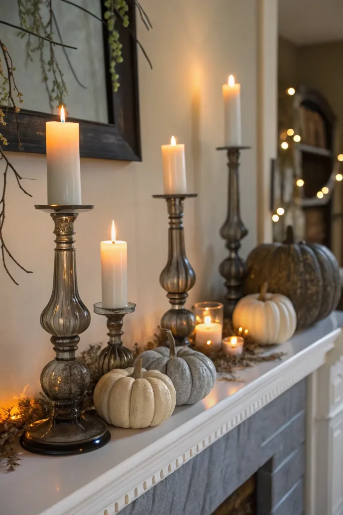 17 smoky glass candle holders a mantle styled wit