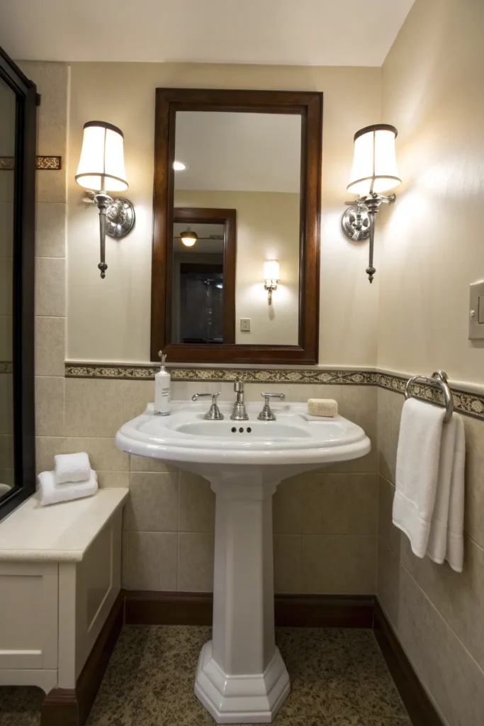 18 a pedestal sink styled with wall sconces on e