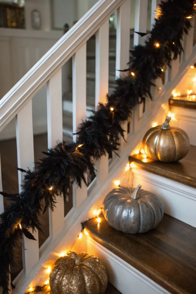 18 feather garlands a staircase railing draped wi