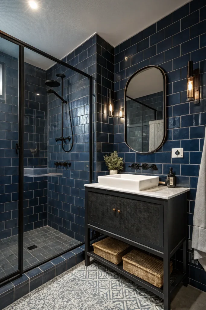 18 moody bathroom with navy tiles matte black f