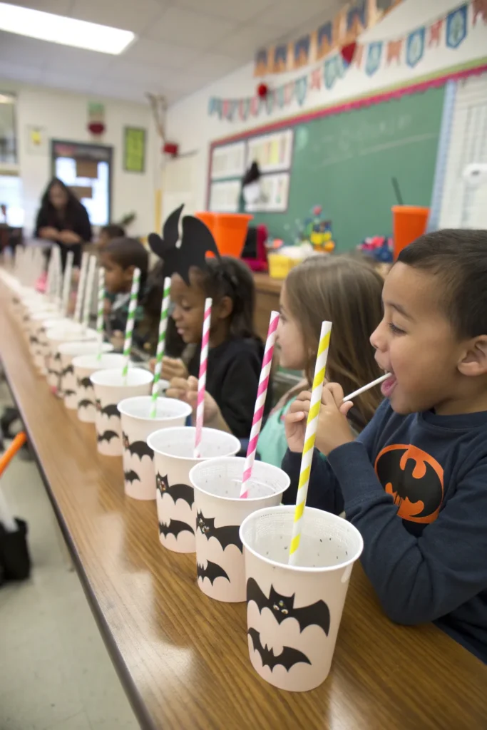 18 paper bat cutouts attached to straws in drink