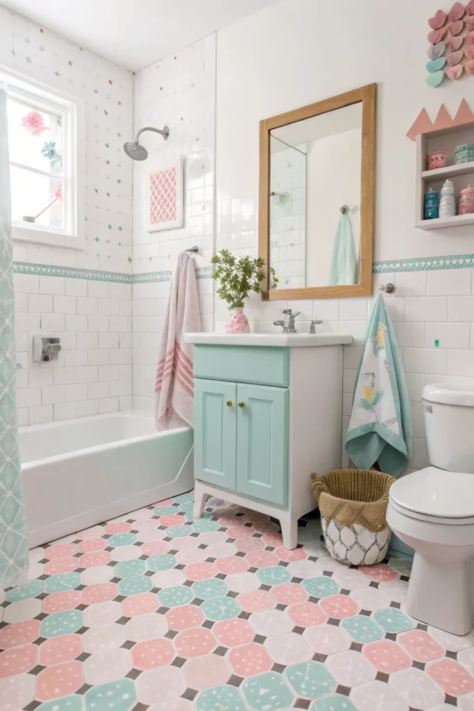 18 playful bathroom with soft pastel floor tiles