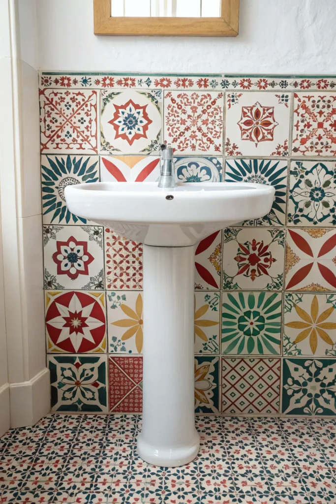 19 a simple white pedestal sink against bold pat