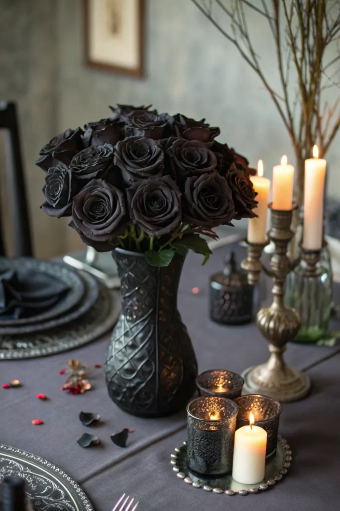 19 a vase filled with black spray painted roses