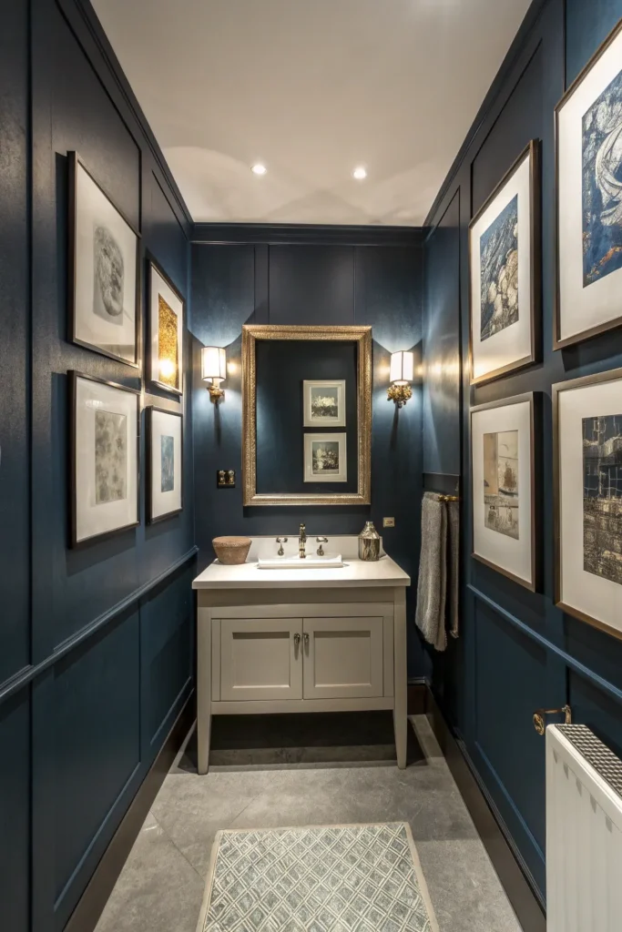 19 bathroom styled like a mini art gallery with