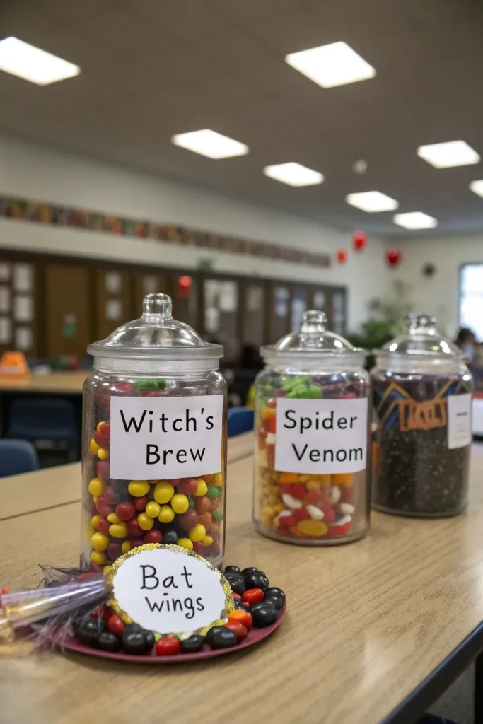 19 glass jars labeled witch s brew spider ve