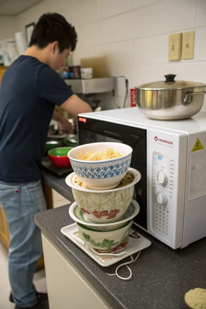 19 microwave safe bowls and mugs stacked on a do