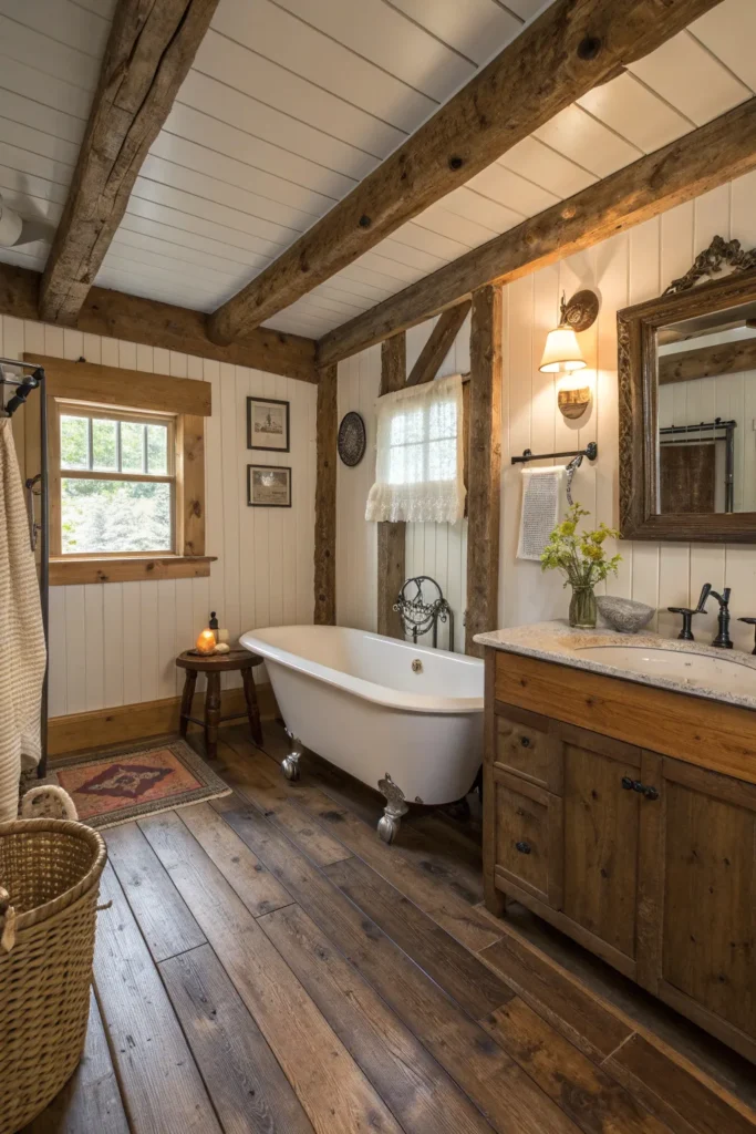 19 rustic bathroom with reclaimed wood flooring