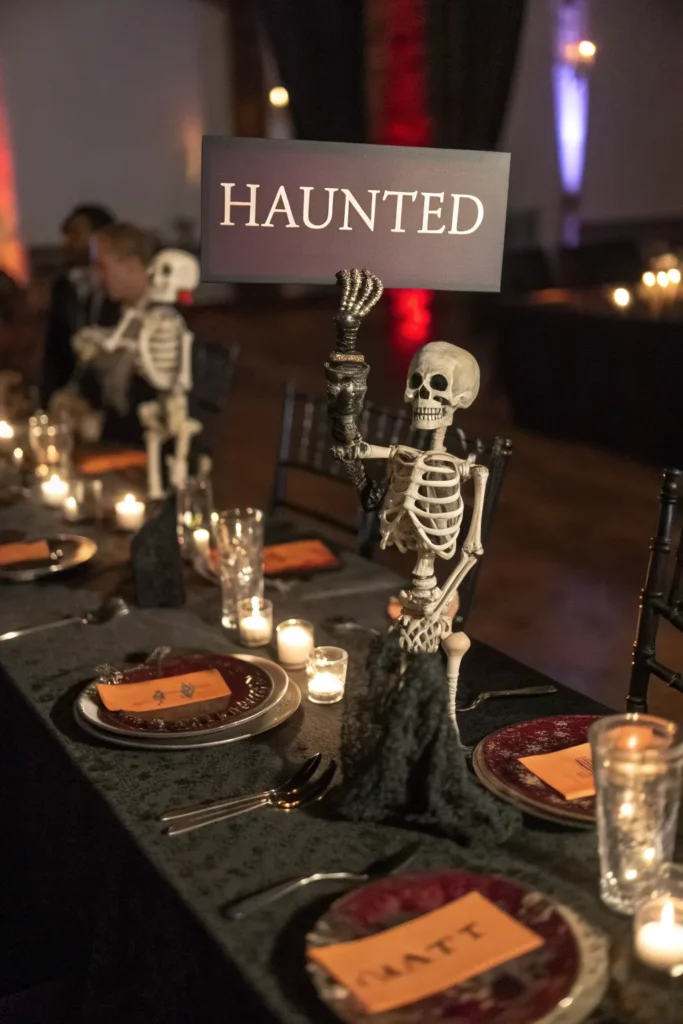 19 skeleton figurines holding place cards with g