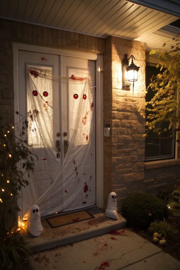 2 a spooky front door wrapped in gauze like a mu