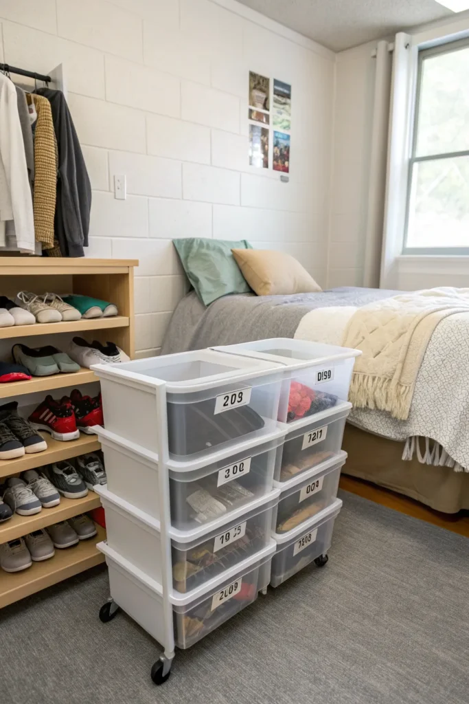 2 a tidy dorm room showing under bed storage dra