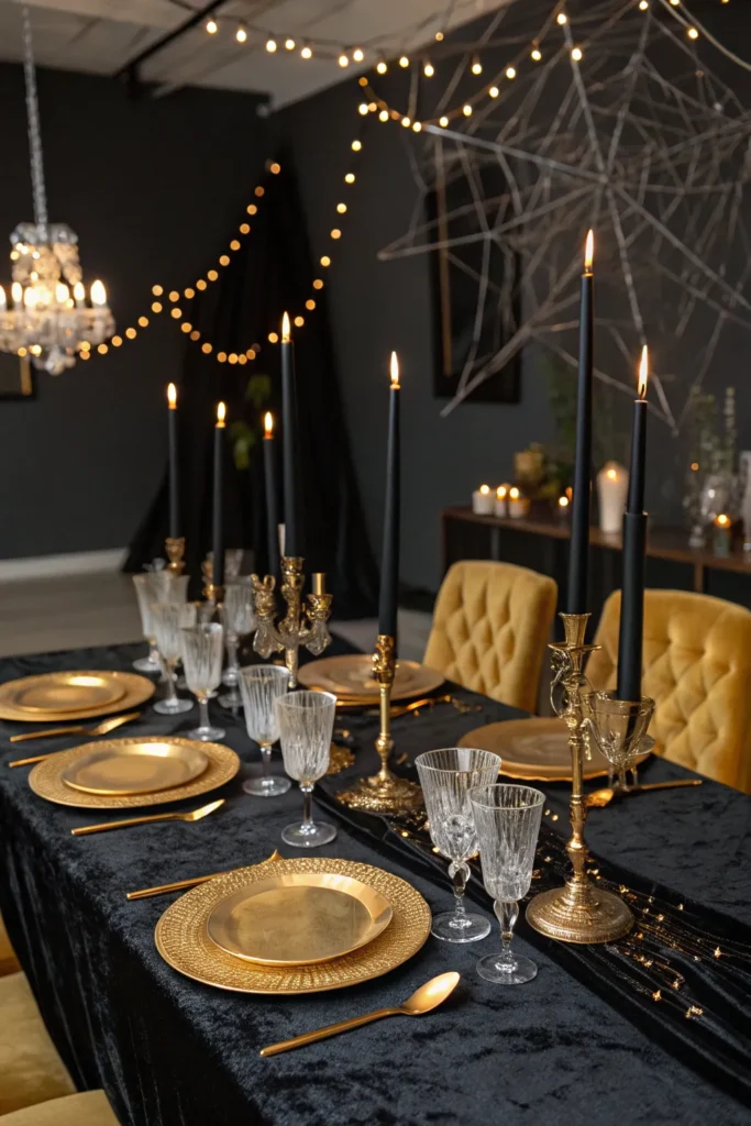 2 black gold tablescape a halloween dinner set