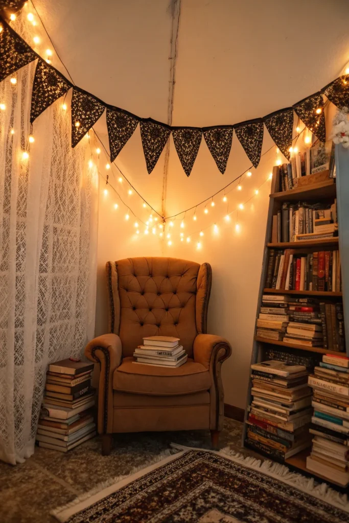 2 black lace bunting and orange string lights il