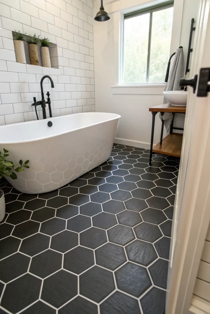 2 cozy bathroom with black hexagon floor tiles a