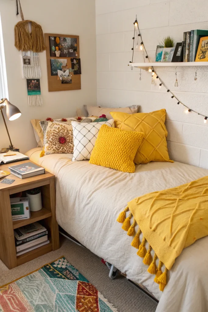 2 cozy dorm setup with a neutral bed covered in