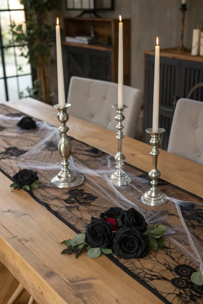 2 elegant halloween dining setup with a black la
