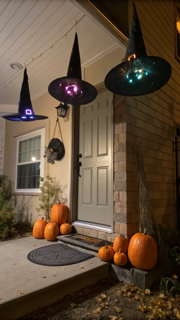 2 floating witch hats dark suburban porch at nig