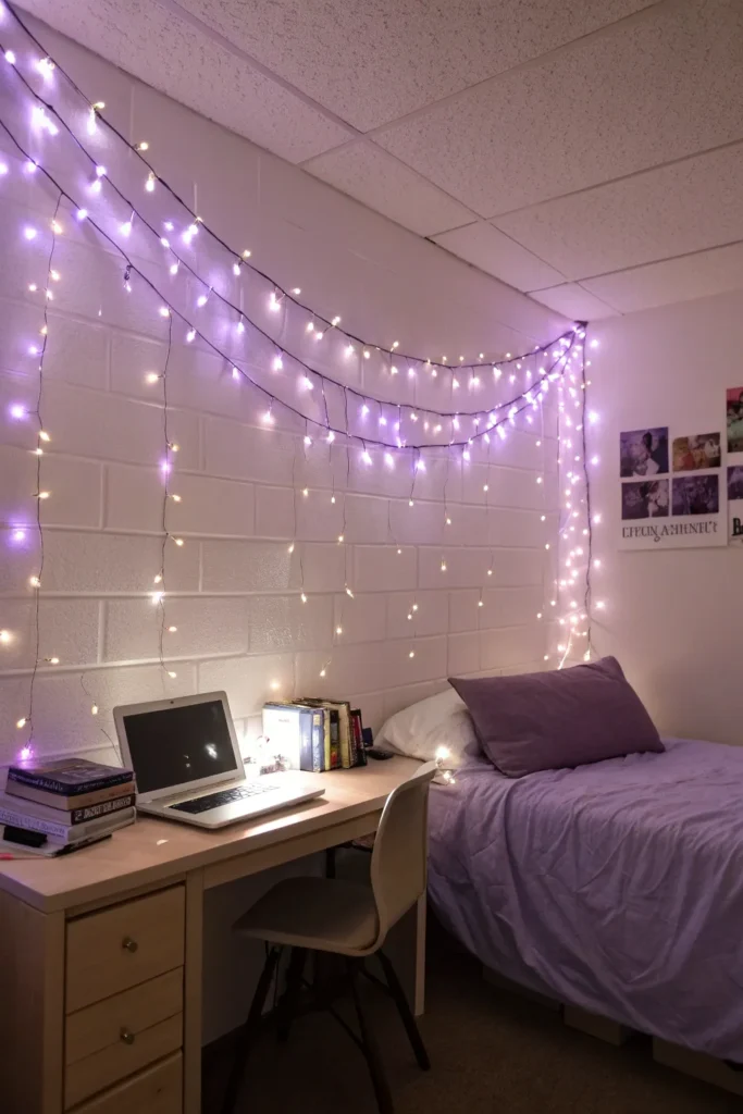 2 lavender fairy lights draped across a dorm roo