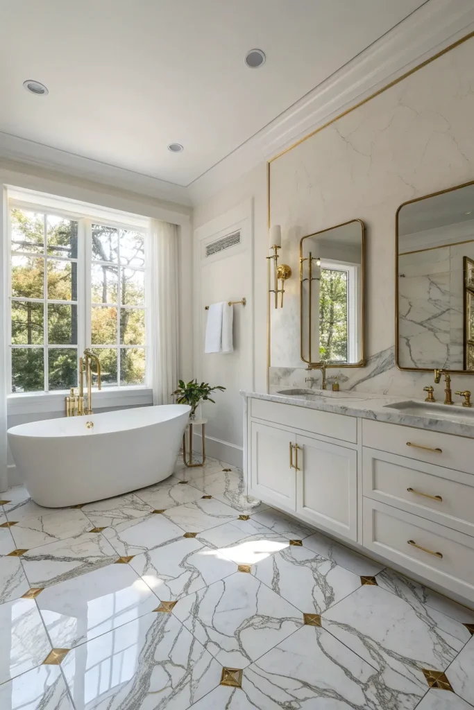 2 luxury bathroom with marble floor tiles featur