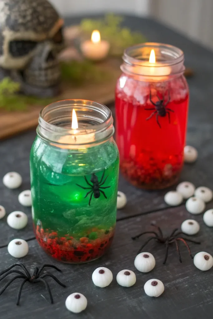 2 mason jars filled with green and red tinted wa