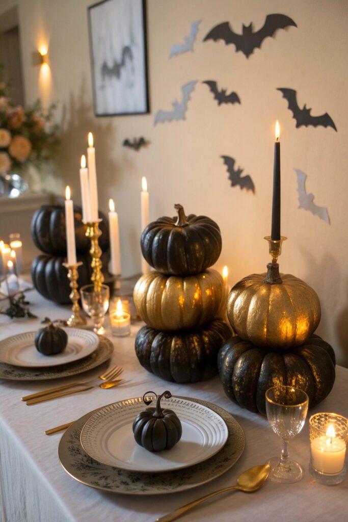 2 metallic black and gold painted pumpkins arran