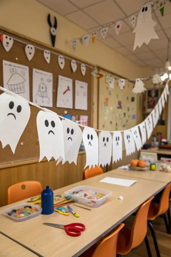 2 paper ghost garlands made from white cutouts s