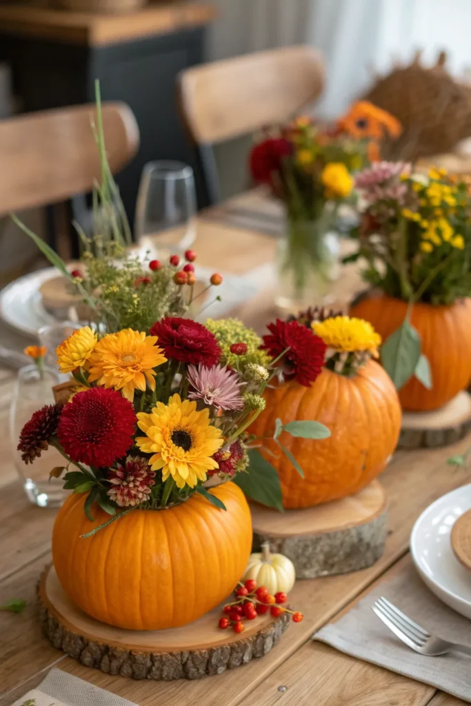 2 pumpkin centerpieces close up of mini pumpkins