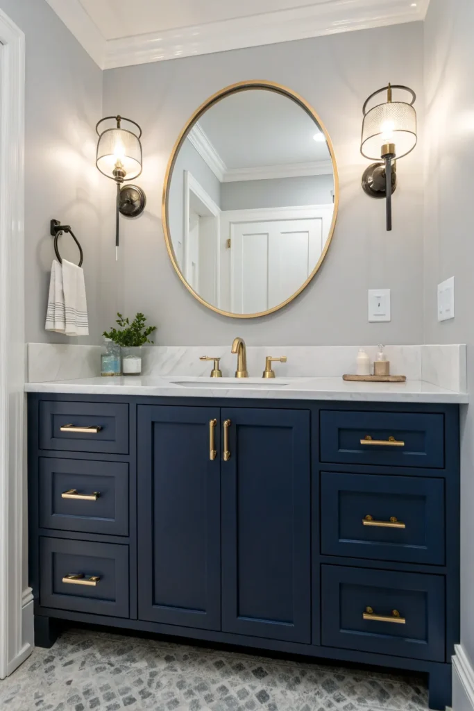 2 stylish navy blue vanity cabinet with white ma 1