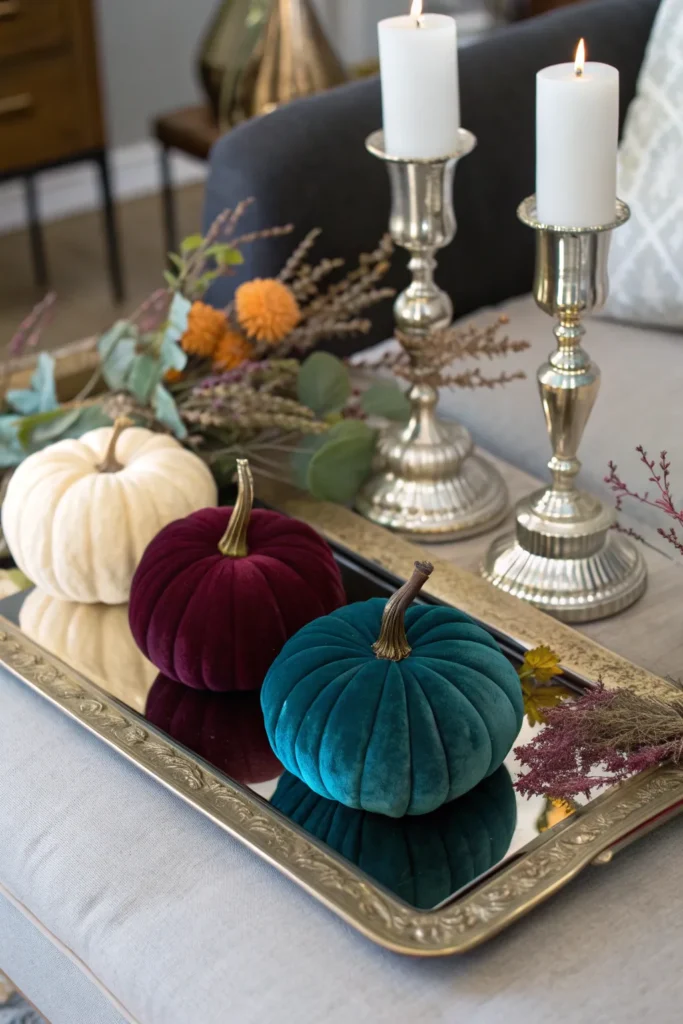 2 velvet pumpkins on trays a mirrored tray on a c